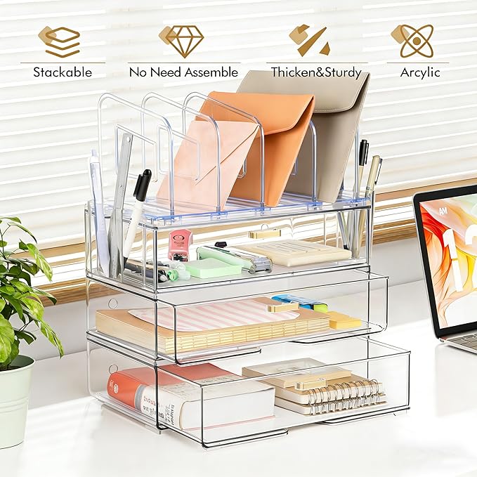 LALOBLUE Acrylic Desk Organizer with 4-Vertical File Holder Rack, 3-Clear Drawer and 2 Pen Holders, Desktop Storage for Office Desk Accessories School Classroom Organization (Clear)