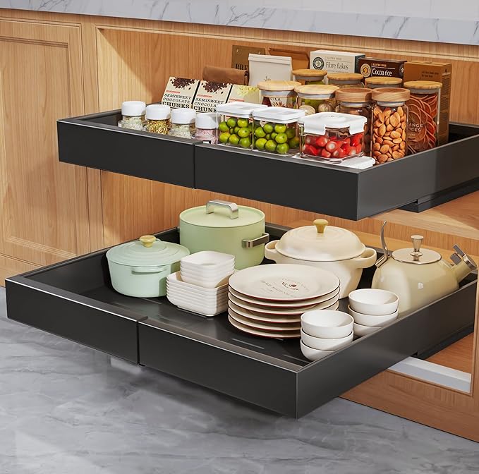 Seinloes 2 Pack Pull Out Cabinet Organizers 16.5" Deep With Raising Pad for Framed Cabinets,Expandable Slide Out Drawers Upgrade 3 Slide Rails,Roll Out Shelves,Adjustable Width 12.1"-20.45" Black