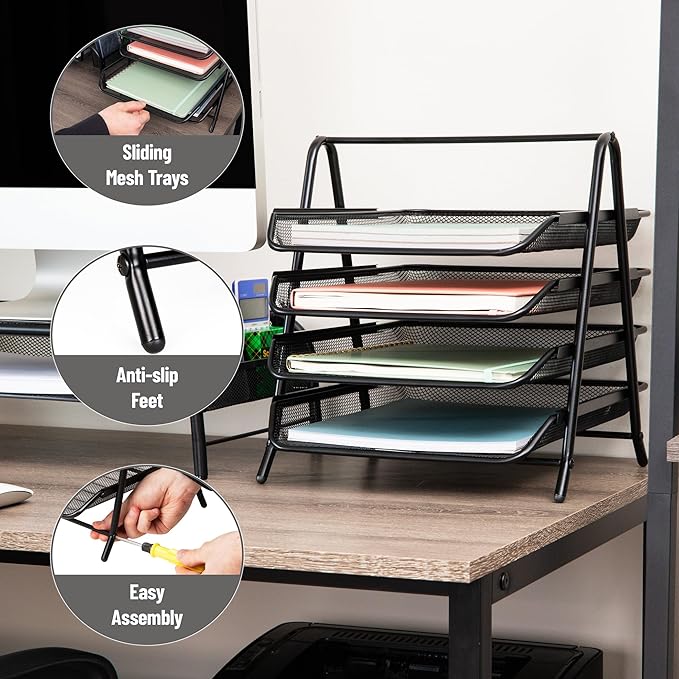 Mind Reader 4-Tier Paper Tray, Desktop Organizer, File Storage, Workspace, Office, Metal Mesh, 12"L x 13.75"W x 12.5"H, Black