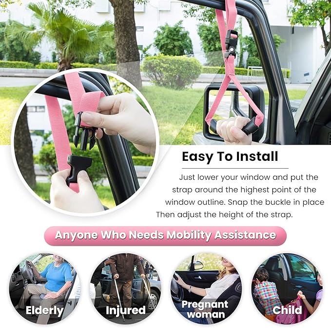 E-cowlboy Auto Cane Grab Handle - Adjustable Standing Aid Safety Portable Vehicle Support Bar With Nylon Grip - Mobility Assist Device (Pink)