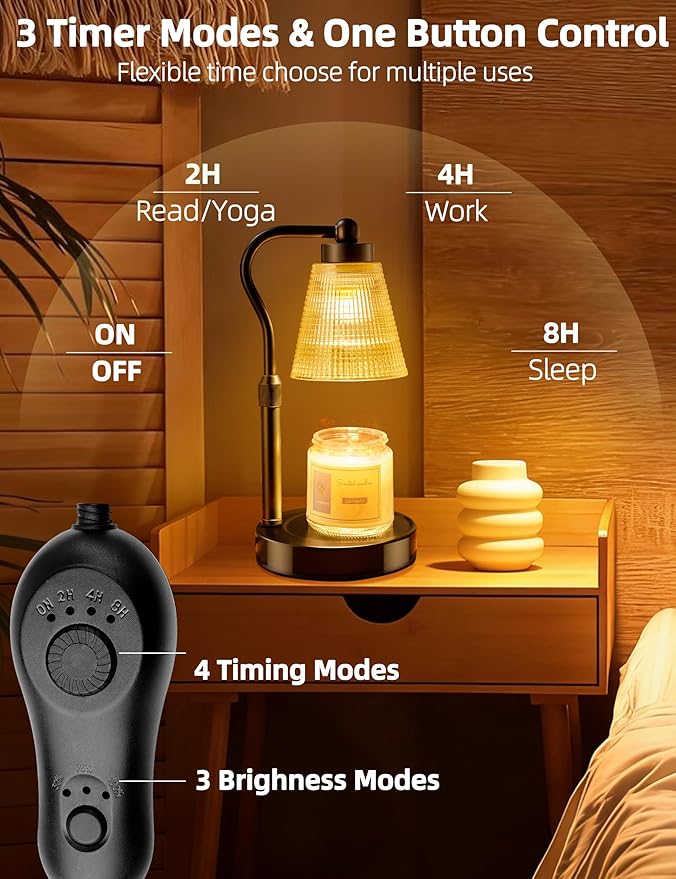 Candle Warmer Lamp for Jar Candles, Height Adjustable & Dimmable with 2/4/8H Timer, 2*50W Halogen Wax Melter Warmer for Home Office Décor, Flameless & Smokeless, Gift for Women Mom, Black-Amber/1 Pack