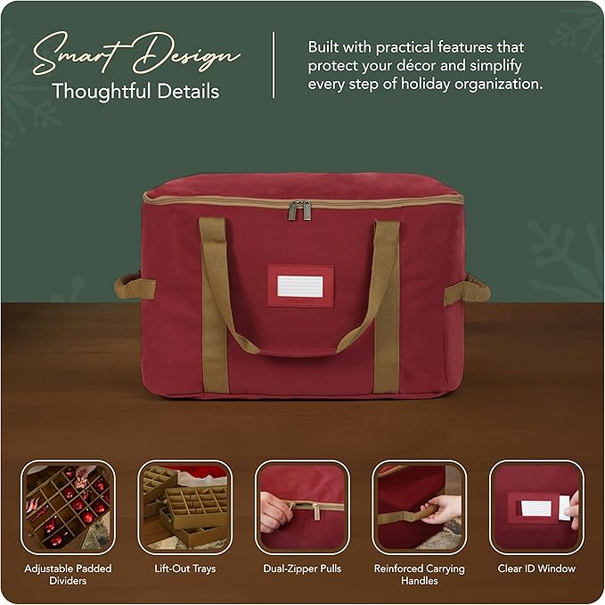 Covermates Keepsakes Adjustable Ornament Storage Bag – Heavy-Duty Polyester, Padded Dividers & FlexGrid Trays – Protective Holiday Ornament Organizer with Handles & Label Window, Red