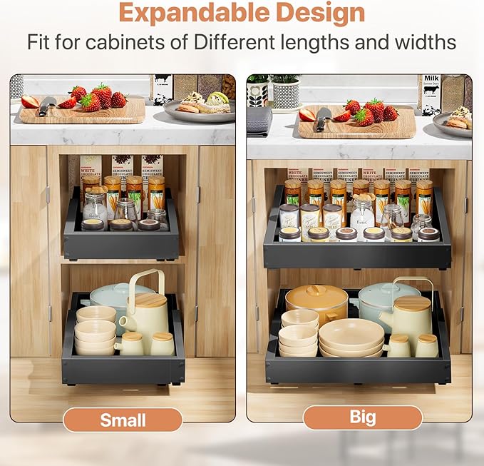 2 Pack Pull out Cabinet Organizer, Width (12"-19") Depth (17"-23"), with 3 Rails Adjustable Slide, Expandable Pullout Drawers for Cabinets, No Drill Adhesive Kitchen Drawers for Pantry Shelves