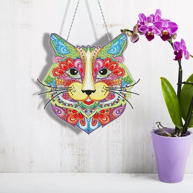 Colorful Leopard Head Diamond Art Hanging Pendant with LED Light String DIY 5D Panther Diamond Art Painting Wreath Hanging Sign Special Shape Beads by Number Stitch Kits for Home Wall Room Door Decor