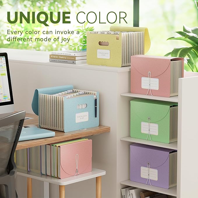 EcoStash Accordion File Organizer, 12-Pocket Wheat Straw Expanding File Folder, Portable Monthly Bill & Tax Receipt Organizer, Letter/A4 Size Document Holder with Colorful Tabs-Grass Green