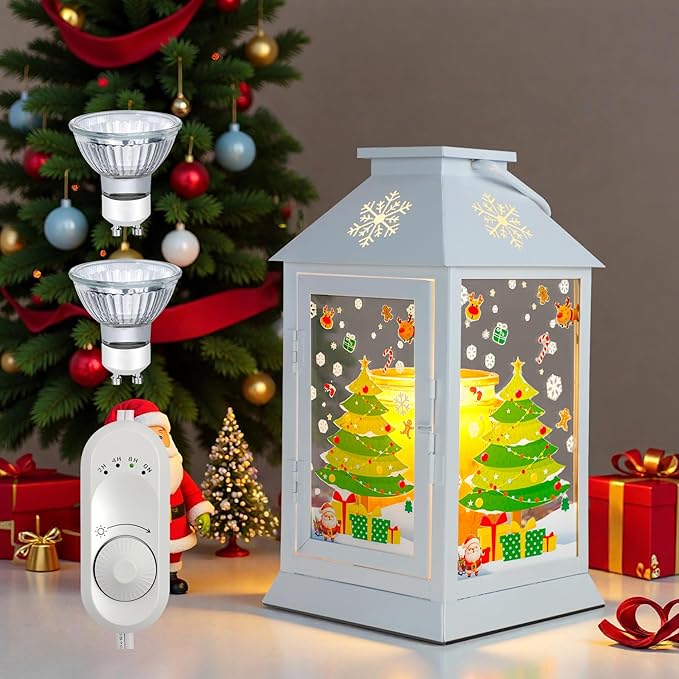 Christmas Candle Warmer Lamp,Electric Candle Lamp Warmer with Timer Dimmable,Compatible with 3 Wick Candles/Large Candel Jar,Rustic Candle Warming Lamp Lantern Farmhouse Style White