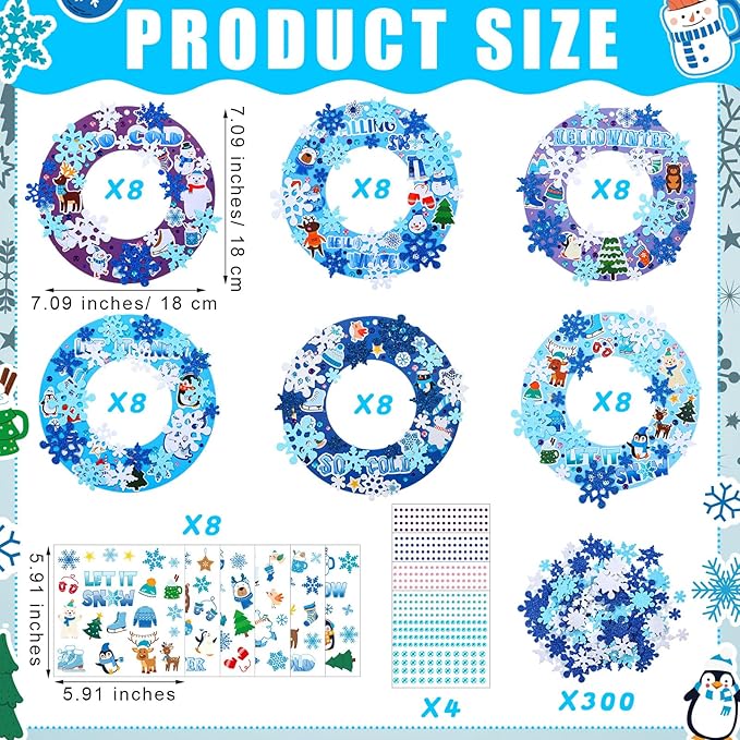 Hollowfly 48 Sets Winter Wreath Craft Kits DIY Snowflake Wreath Hanging Ornaments Make Your Own Paper Craft with Stickers for Winter Xmas Home Party Favors Activities