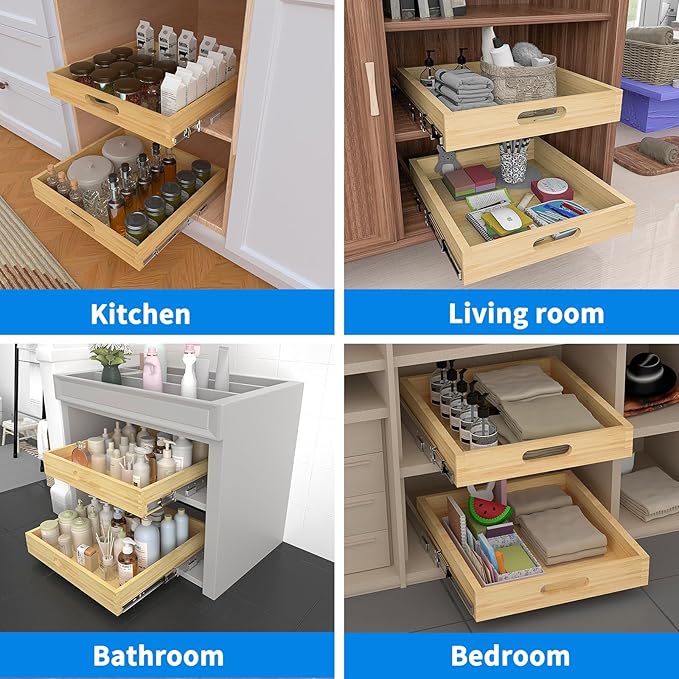 2 Set Pull Out Cabinet Organizer, Soft Close Slide Out Wood Drawer Storage Shelves for Kitchen, Base Cabinet Organization for Pantry, Finished, Heavy-Duty, Bottom Assembly (15” W x 21” D)
