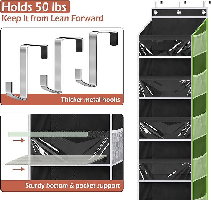 MISSLO Back of Door Storage Organizer Hanging with 6 Large Pockets 12 Side Pockets Closet Door Organizer Baby Organization for Bathroom, Pantry, Bedroom, Nursery, Clothes, Toys, Diapers, Black