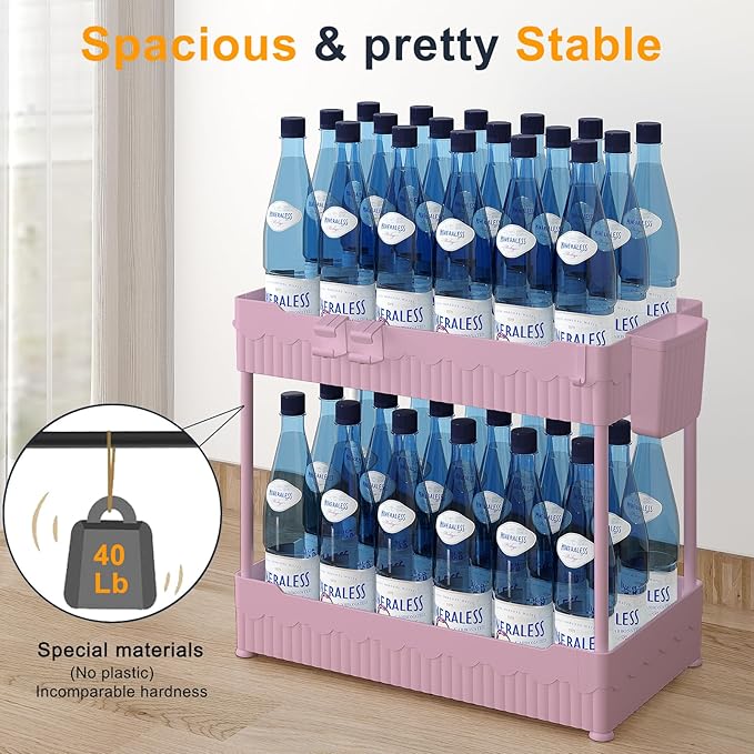 2 Pack Under Sink Organizer, Under Bathroom Cabinet Organizer with Hooks Hanging Cup, Multi-Purpose Storage Shelf for Kitchen Bathroom (Pink, 12.8 Inch)