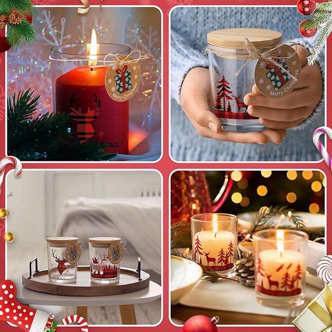 Potchen 12 Pack Christmas Plaid Clear Candle Jars for Making Candles 7 oz Empty Glass Jars with Wood Lids and Blessing Card Xmas Snowflake Candle Containers for DIY Gifts Home Tea Party Holiday Decor