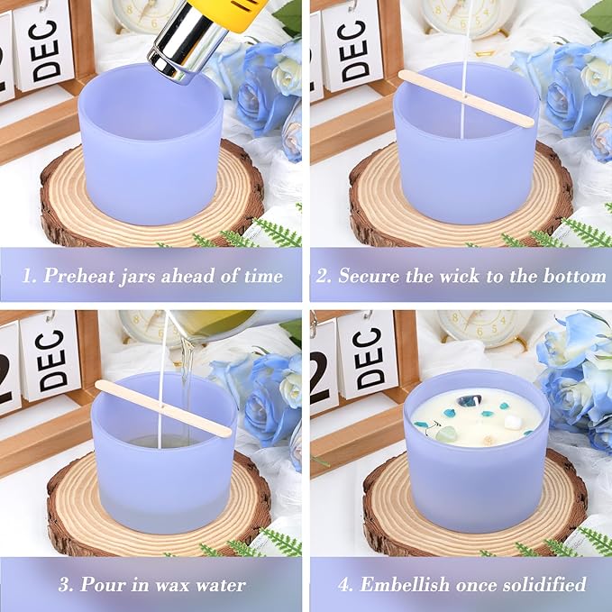 CONNOO 8 Pack 12 OZ Purple Glass Wide Mouth Candle Jars for Making Candles with Airtight Bamboo Lids Nice Sticky Warning Labels for Candle Making Empty Container Bulk - Dishwasher Safe