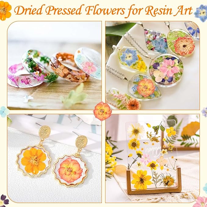 155Pcs Dried Pressed Flowers for Crafts, 6 Sheets Real Dry Florals and Leaves Bulk with Tweezer for Resin Molds Candle Soap Making Scrapbook Bookmarks Frames Supplies Kit Nail Art Makeup Decor