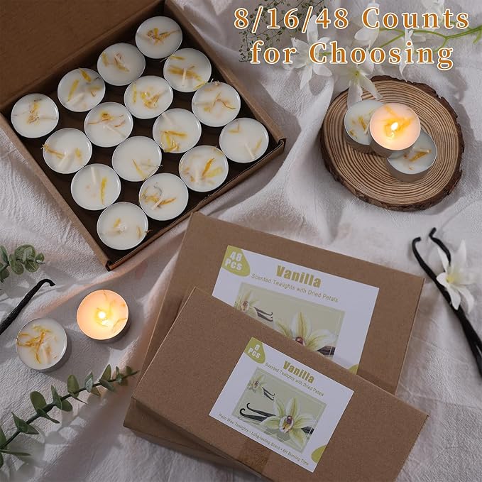 16 Pcs Vanilla Scented Tealight Candles, 6H Long Burning - 100% Palm Wax Based Scented Tea Lights with Dried Flowers, Non-Toxic/Smokeless Tea Lights Candles Bulk for Spa, Bath, Wedding