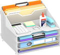 Desk File Organizer, Paper Organizer with 4 Letter Trays and 2 Vertical Upright Sections, Desk Organizers and Accessories for Office, School, Home (White)