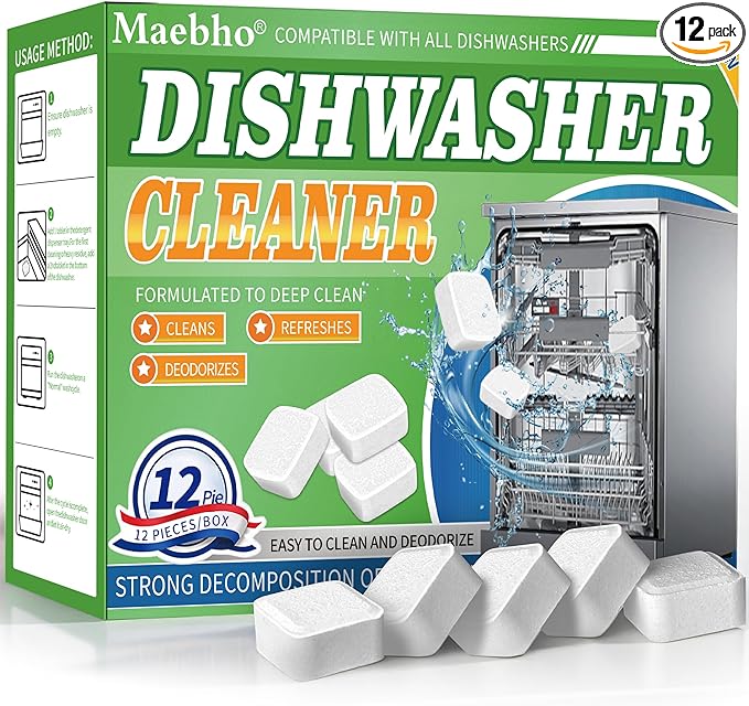 Dishwasher Cleaner and Deodorizer Tablets-12 Pack, Heavy Duty Deep Cleaning Descaler Pods for Dish Washer Machine, Removes Limescale, Odor, Grease, and Hard Water Stains, Septic Safe