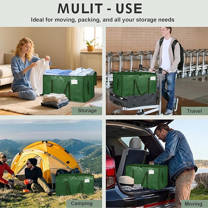 8 Pack-Extra Large Heavy Duty Moving Bags - Waterproof Storage Totes with Handles & Zippers, Foldable for College Dorm, Storage (olive green)