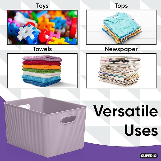 Superio Ribbed Collection - Decorative Plastic Basket Open Home Storage Bins Organizer, X-Large Lilac Purple (4 Pack) Container Boxes for Organizing Closet Storage Bins for Shelves 22 Liter/23 Quart
