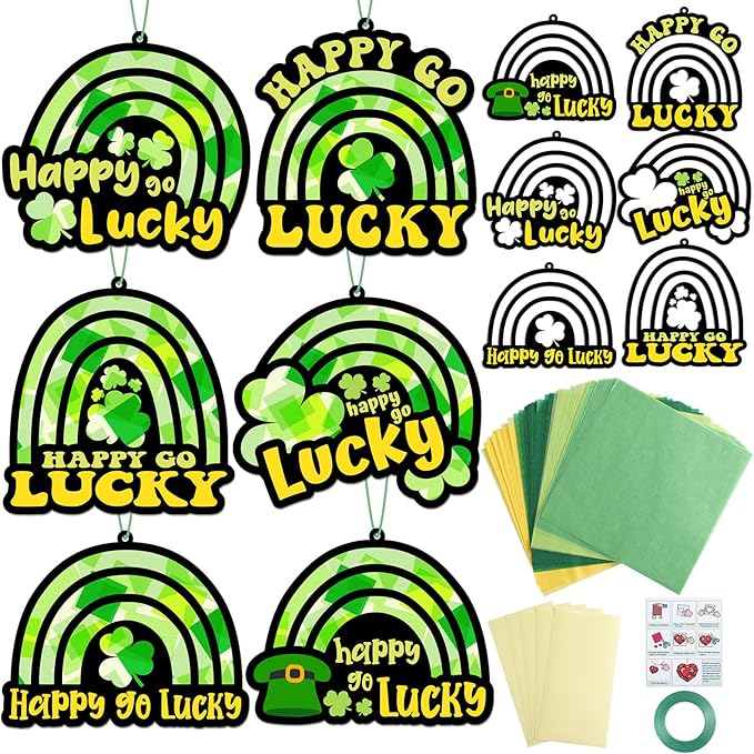 Qyeahkj 36 Set St. Patrick's Day Rainbow Suncatchers Crafts for DIY Lucky Rainbow Shamrock Window Tissue Paper Craft Kit Hanging Decor for Home Activity Art Project Birthday Party Favor