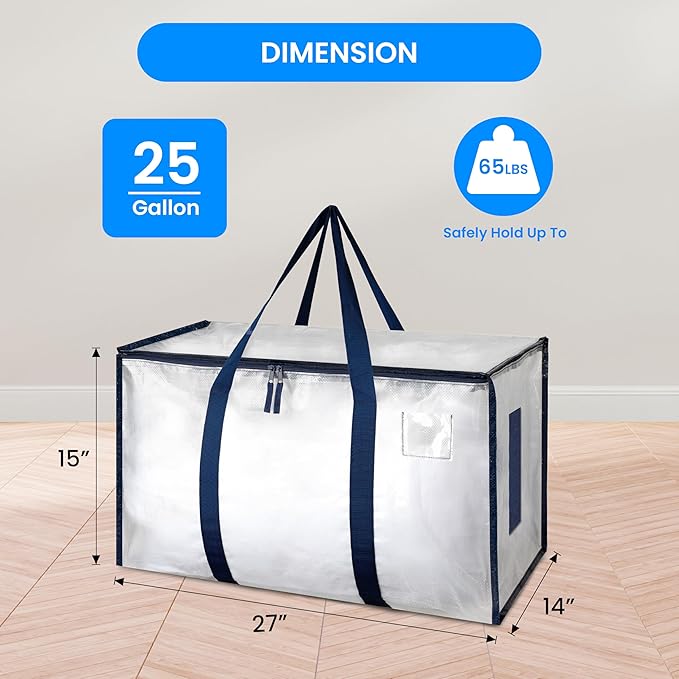 Simple Deluxe 6 Pack Extra Large Moving Bags with Lids, Reinforced Handles and Zippers, Heavy Duty Storage Tote for Moving Travel Camping Space Saving, White