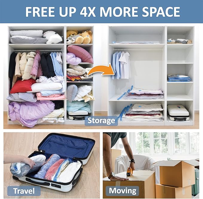 Cozy Essential Vacuum Storage Bags, 80% Compression Vacuum Seal Space Saver Plastic Packaging Bags for Clothes, Blankets, Pillow, Bedding, Comforters, Sealer Clothing Storage,12 Combo