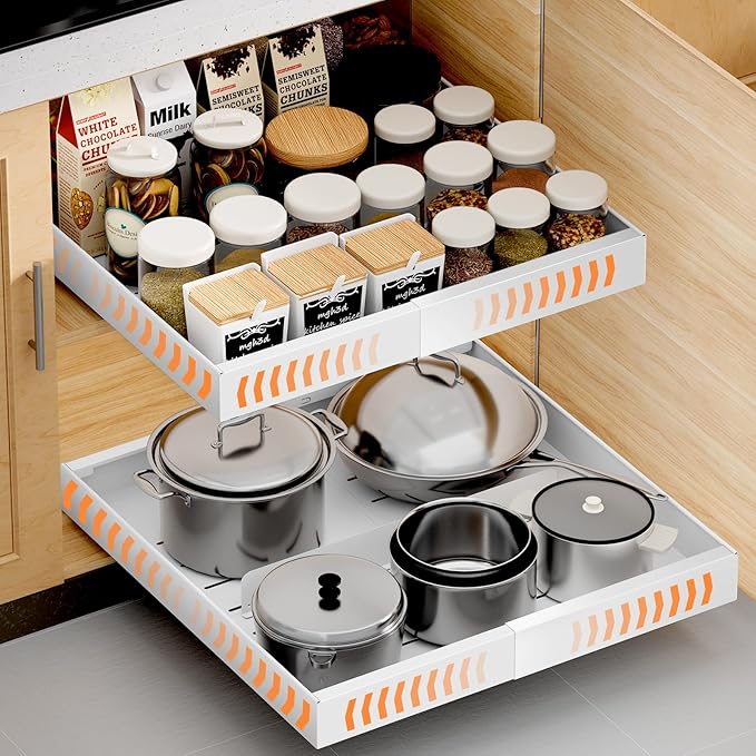 1 Pack Pull out Cabinet Organizer Expandable Width(12"-20") and 21"Depth, No Drill Adjustable Slide Out Drawers for Kitchen, Cabinets With 3 Slide Rails,Magnetic Panel, Adhesive Roll out Shelves