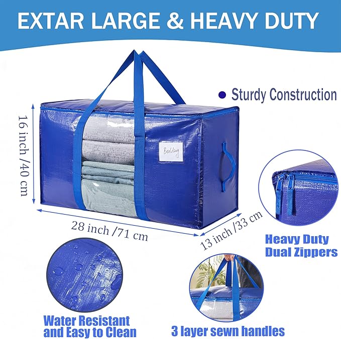 4 Pack Moving Bags Heavy Duty, Large Storage Bags with Visible Window and Zipper, Stronger Wrap-Around Handle and Waterproof Material, Clothes and Blankets Storage, Alternative to Moving Boxes