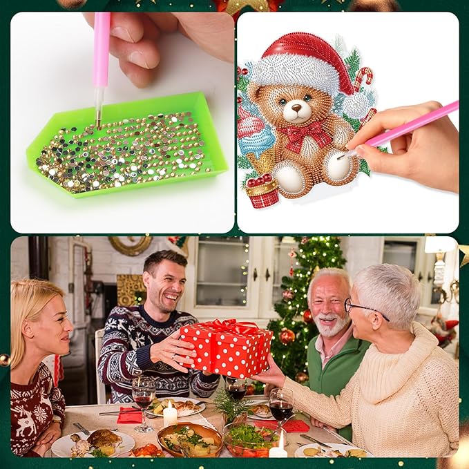 5D Diamond Art Painting Ornament Kits Christmas Bear Doll, DIY Diamond Painting Desktop Ornament, Special Shaped Crystal Rhinestone Diamond Art Tabletop Home Office Christmas Tree Decor (24x24.6cm)