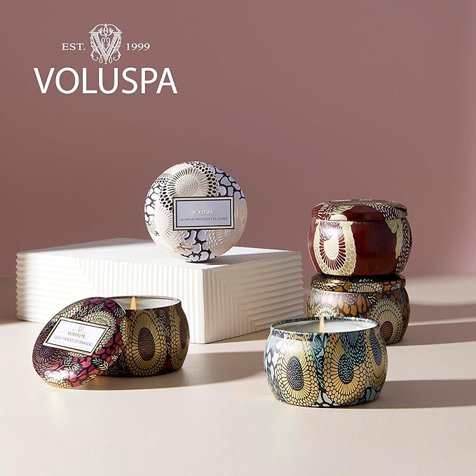 Voluspa Santal Vanille, Mini Tin Candle, 4 Ounce, 25 Hour Burn Time, Coconut Wax for Clean Burning, Handcrafted in The USA