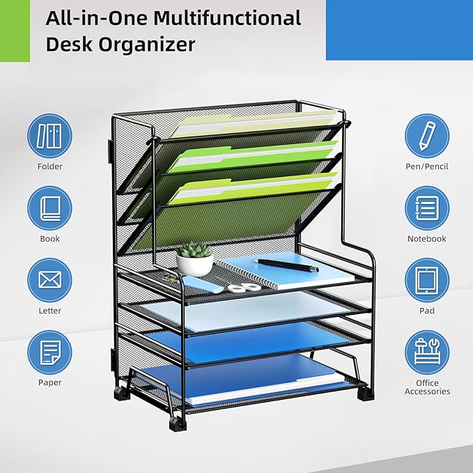 MINDEPOT 4-Tier Paper Organizer + 3-Pocket File Holder + Drawer + Pen Holders, Desktop File Organizers Paper Tray for Office Supplies School Classroom Organization (Black, No Drawer & Pen Holder)