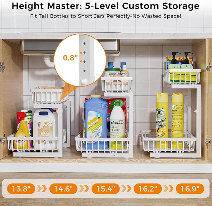 Under Sink Organizer,2 Pack Under Kitchen Sink Organizer,2 Tier Sliding-Out,5 Level Height Adjustable,Thickened Carbon Steel,Anti-Rust Treatment,for Kitchen Bathroom Black
