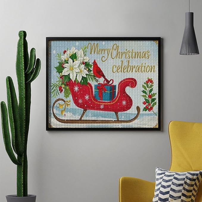 Diamond Painting Kits for Adults - Red Sleigh with Poinsettias, Cardinal Bird Merry Christmas Painting DIY 5D Full Drill Diamond Dots Paintings with Diamonds Gem Art And Crafts Home Decor 16"x20"