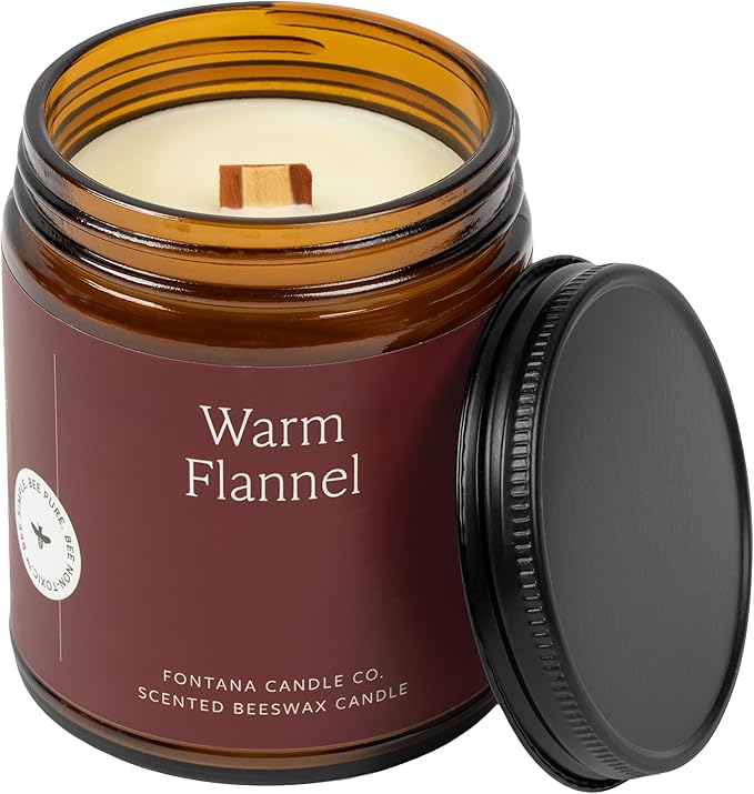 Fontana Candle Co Wood Wick Beeswax Jar Candle, Warm Flannel – Made Safe with Coconut Oil & Pure Essential Oils – 35+ Hrs Clean Burn, Long Lasting and Non-Toxic Candles for Home & Room Décor