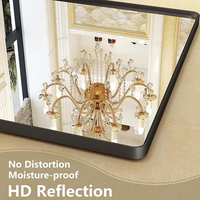 OKPAL 24x28 Black Bathroom Mirror for Wall, Black Metal Framed Bathroom Vanity Mirror, Modern Rounded Rectangle Mirror, Anti-Rust (Horizontal/Vertical)