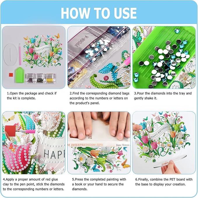 ARTopet DIY Diamond Desktop Ornament PET Irregular Shape Special Shaped Crystal Double Sided Pattern Single Sided Diamond Art Painting Tabletop Home Ornaments Decor-Birthday Flower