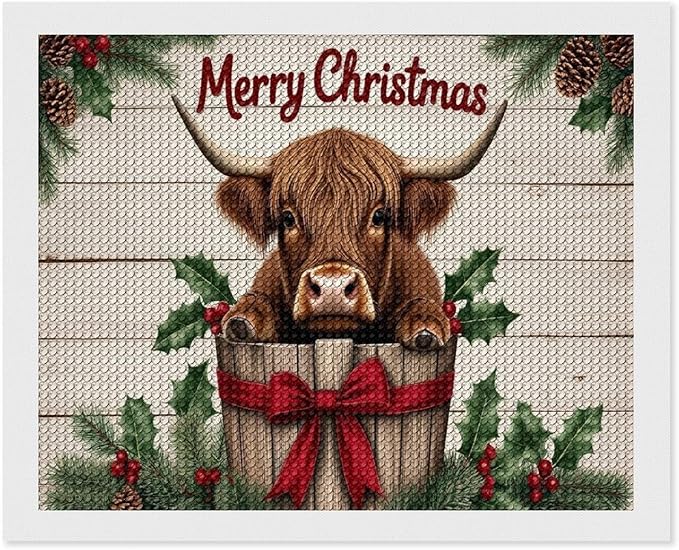 AIVKIEJK Diamond Painting Kits for Adults - Highland Cow Merry Christmas Painting DIY 5D Full Drill Diamond Dots Paintings with Diamonds Gem Art and Crafts Home Decor 16"x20"