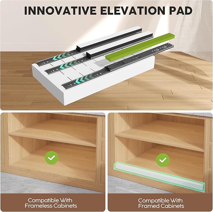 Seinloes 2 Pack Pull Out Cabinet Organizers 21" Deep With Raising Pad for Framed Cabinets, Expandable Width (9"-14") Slide Out Drawers Upgrade 3 Slide Rails, Roll Out Shelves Adhesive, White