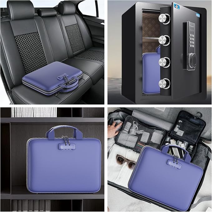Fireproof File Organizer with Lock, Hard Case Fireproof Document Box with 13 Pockets Accordion File Folder, Important Document Organizer for Letter A4 Files Laptop Passports (Blue)