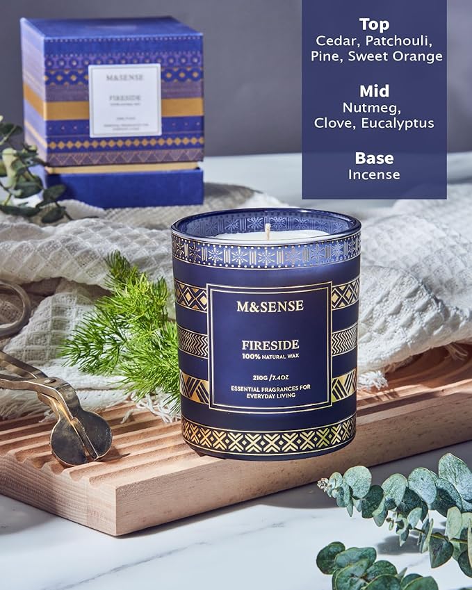 M&SENSE Fireside Scented Candle for Men, Masculine 7.4oz Winter Home Fragrance, Luxury Candle for Cozy Winter Room Decor, Housewarming New Year Gifts