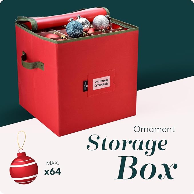 Handy Laundry Christmas Ornament Storage - Stores upto 64 Holiday Ornaments, Adjustable Dividers, Zippered Top, Two Handles. Storage Box Keeps Holiday Decorations Clean and Dry for Next Season. (Red)