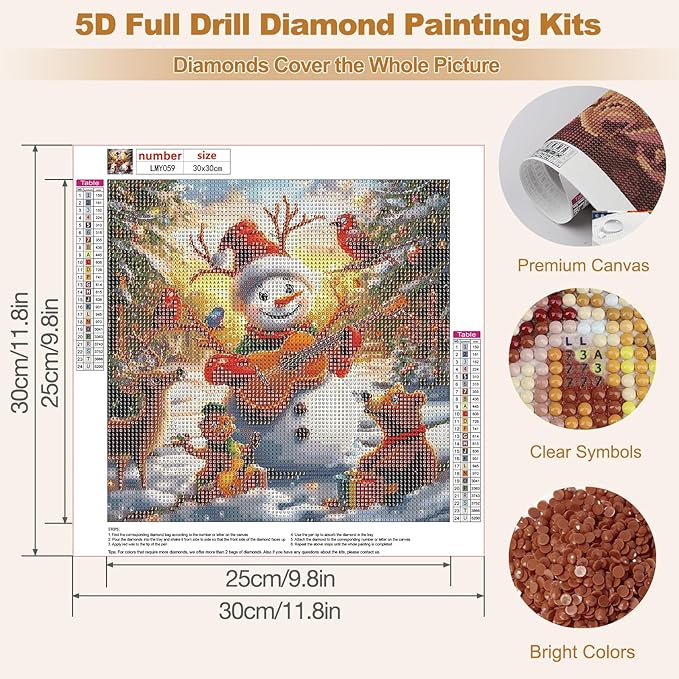 MEIYUDA Christmas Diamond Painting Kits for Adults, 5D Happy Snowman with Animals Diamond Art Kits for Beginners, Jolly DIY Gem Art Crystal Painting for Home Wall Decor and Present 12x12inch