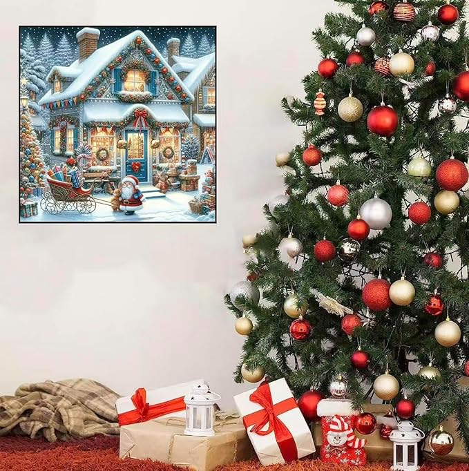 Accompany Wind Christmas Diamond Art Kits for Adults, Winter Christmas House Diamond Painting Kits, 5D Round Drill Diamonds Gem Art Crafts for Home Wall Decor Gifts 14x14 Inch