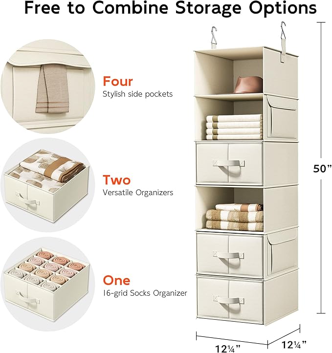 Vailando 6-Shelf Hanging Closet Organizer with 3 Drawers, 6-Shelf Inseparable Closet Organizers and Storage for Wardrobe Organization, Hanging Dresser for Nursury & Dorm Clothes Organizer, Beige