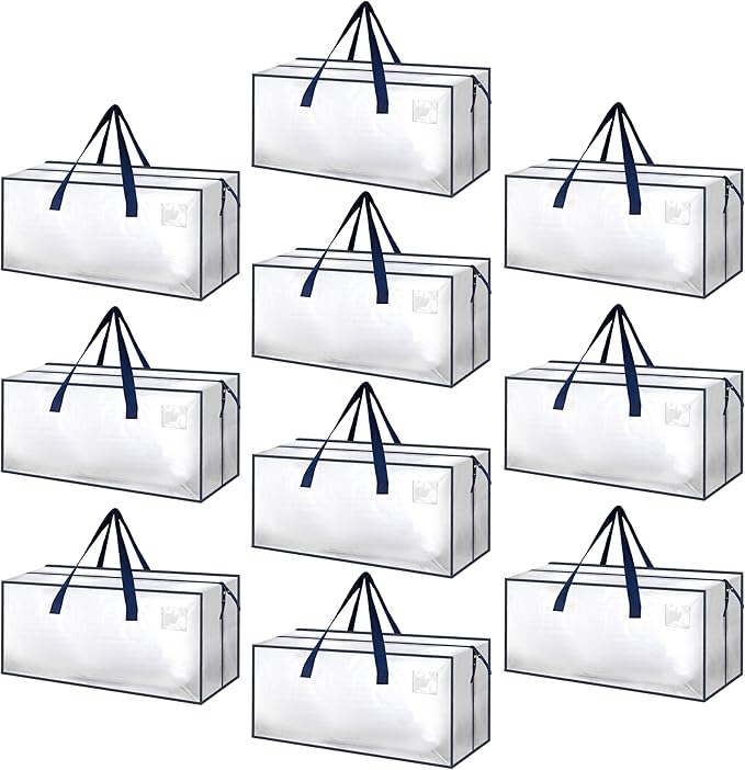 HealSmart 10 Pack Extra Large Moving Bags with Zippers & Carrying Handles, Heavy-Duty Storage Tote Moving Boxes for Dorm Room Essentials Storage Bags, Clear