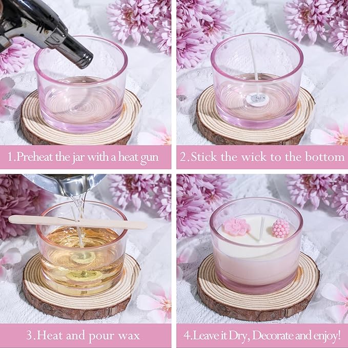 CONNOO 15 Pack 4 OZ Pink Glass Candle Jars with Airtight Bamboo Lids for Making Candles, Bulk Small Wide Mouth Empty Candle Containers with Sticky Warning Labels - Dishwasher Safe