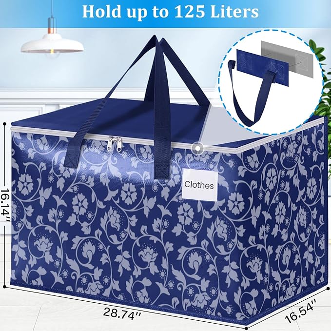 HomeHacks Moving Bags, Extra Large Size Moving Boxes, Heavy Duty Luggage Bags with Smooth Zipper and Sturdy Handles, Large Capacity & Easy Loading Storage Totes for Space Saver 125L, 4-Pack, Blue