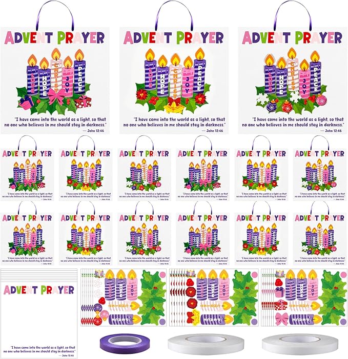 Cinrobiye 24 Set Christmas Advent Craft Kit DIY Advent Candle Wreath Hanging Art&Craft Christ Joy Peace Love Hope Candle Stickers Decorations Signs for Xmas Religious Nativity Sunday School Activities