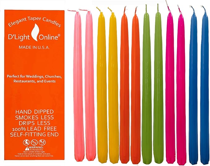 D'light Online 10" Elegant Seasonal Summer Assorted Colors Taper Candles - Vibrant Colors Unscented Candle Sticks, Hand-Dipped Tapered Candles Dripless and Smokeless - Set of 12 (10 Inch, Carnival)