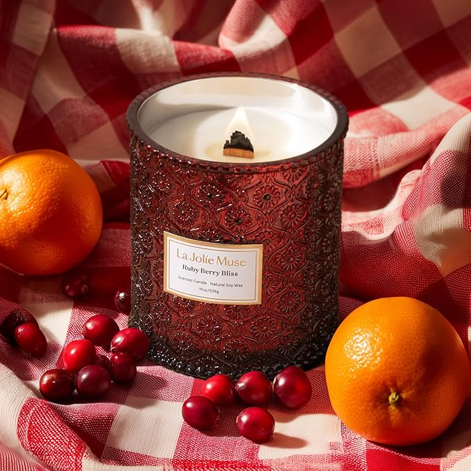 LA JOLIE MUSE Ruby Berry Bliss Scented Candle | Mandarin, Cranberry & Plum | 19 oz Natural Soy Candle | Wooden Wick | 90-Hour Clean Burn | Cozy Home Decor