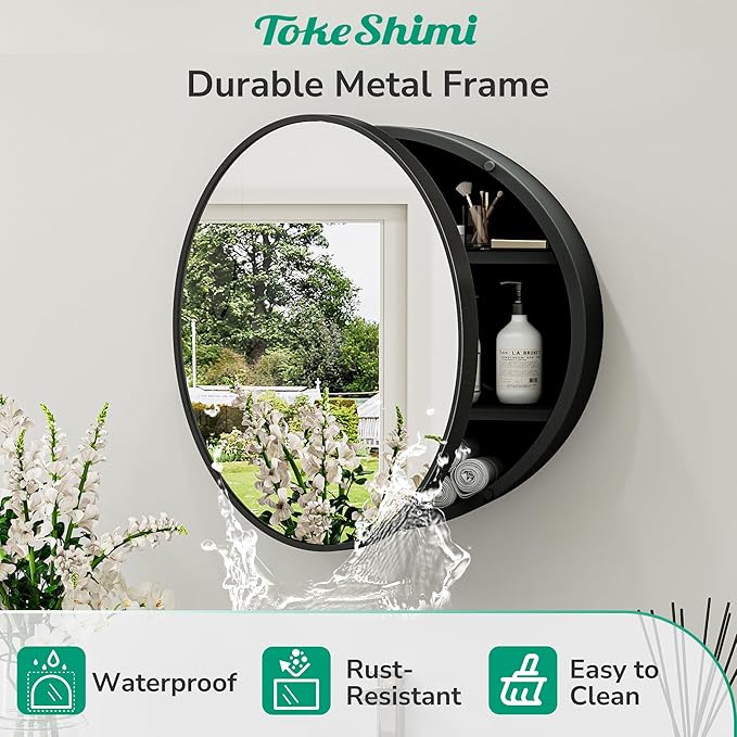 TokeShimi 30x30 Black Medicine Cabinet for Bathroom, Round Medicine Cabinet with Mirror Shatterproof, Removable Shelf, Surface Mount Only